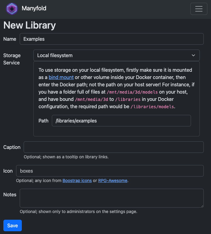 Library setup page for local filesystem